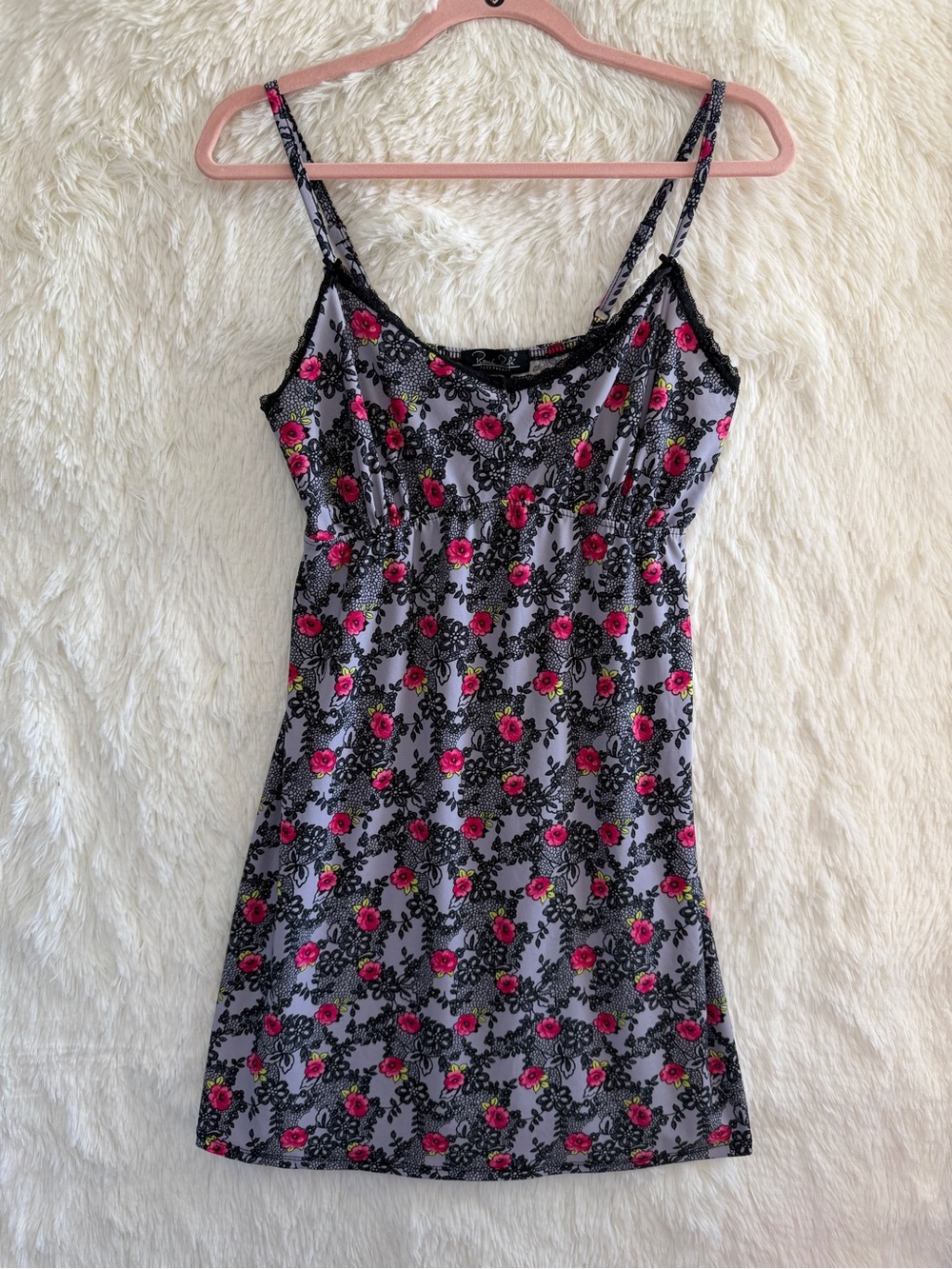 René Rofé Womens Babydoll Floral Lace Trim Sleep Dress L Grey Grunge Fairycore